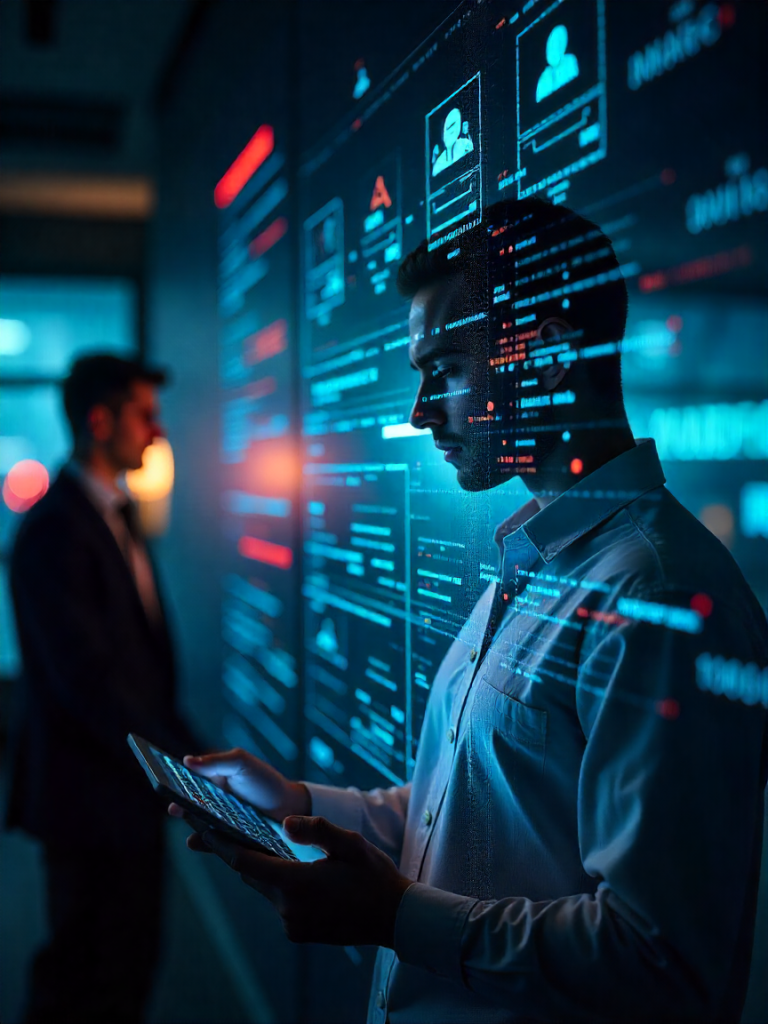 Cybersecurity professional analyzing digital data on futuristic screen with tablet, monitoring cyber threats and user profiles in high-tech security operations center.