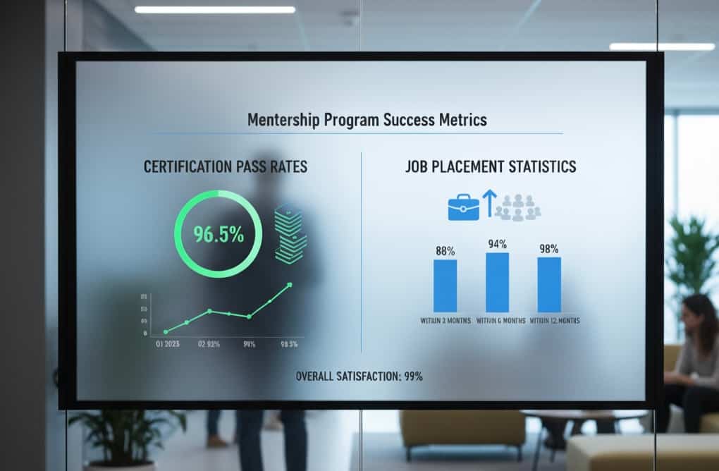Gohackerscloud mentorship program success metrics showing high certification pass rates and job placement statistics