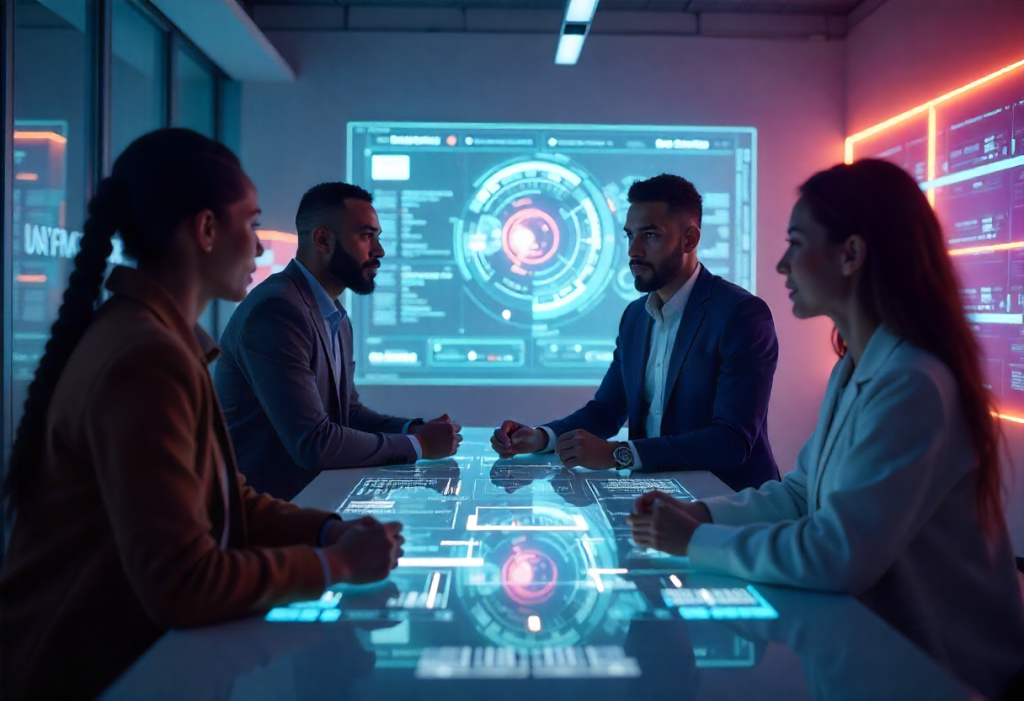 Security operation team analyzing threat detection data and dicussing incident response strategies using Azure tools