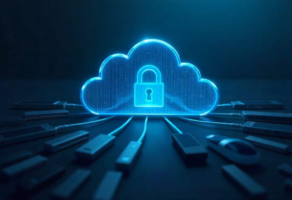 Digital cloud with a padlock symbol, showing modern cloud security and connected devices.