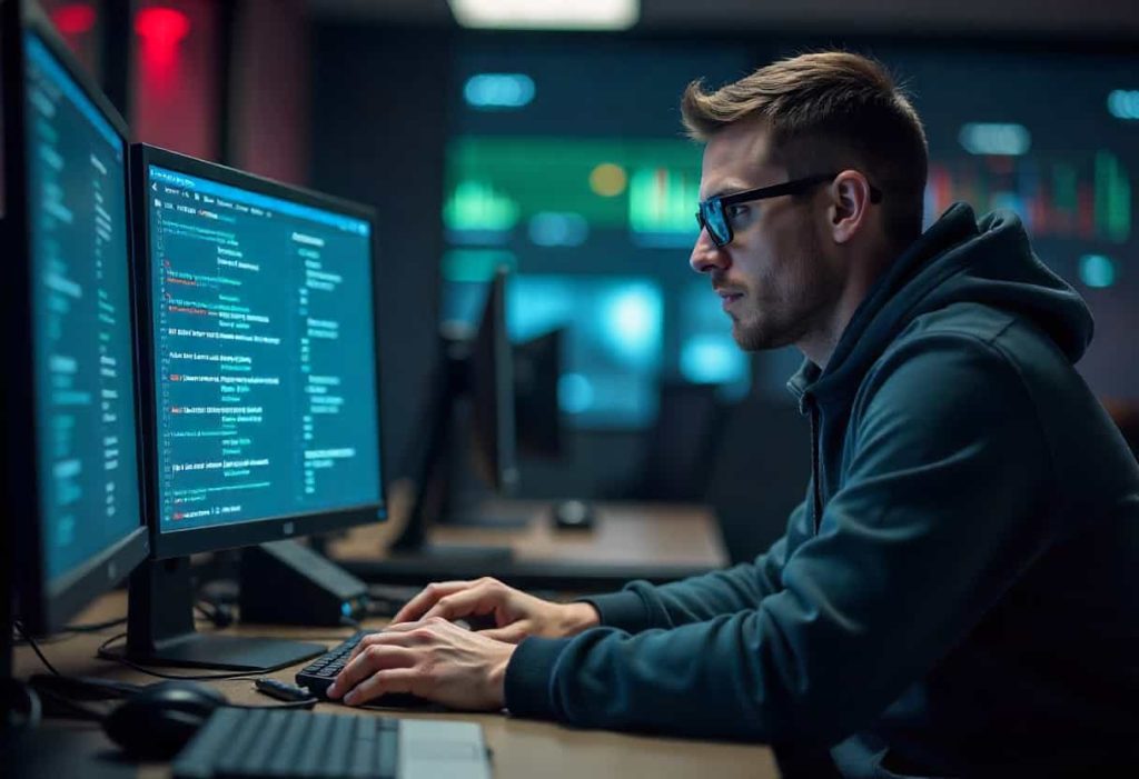 Ethical hacking mentor guiding student through live penetration testing exercise in cybersecurity lab