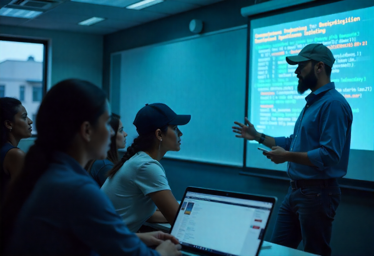ybersecurity professionals engaged in hands-on training, analyzing network vulnerabilities and implementing security measures in a simulated environment.