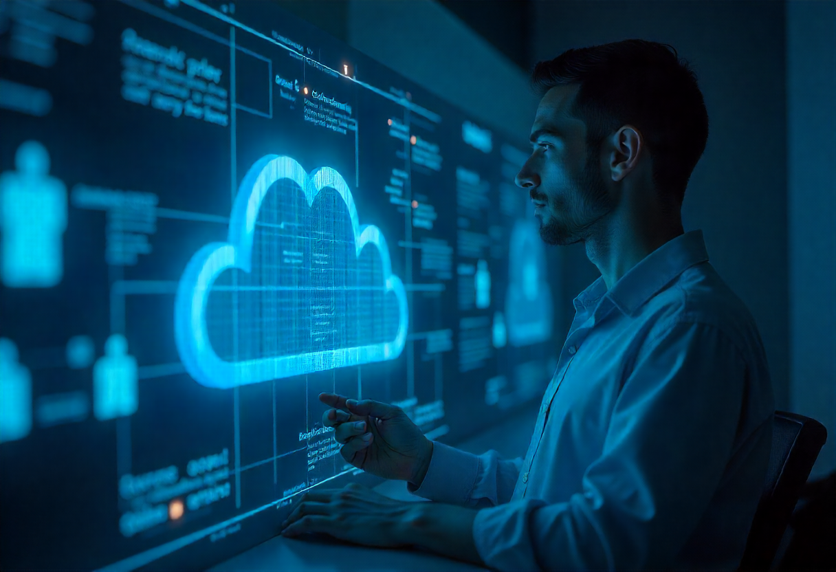 Visual representation of cloud security: encryption key unlocking encrypted cloud data in transit and at rest.